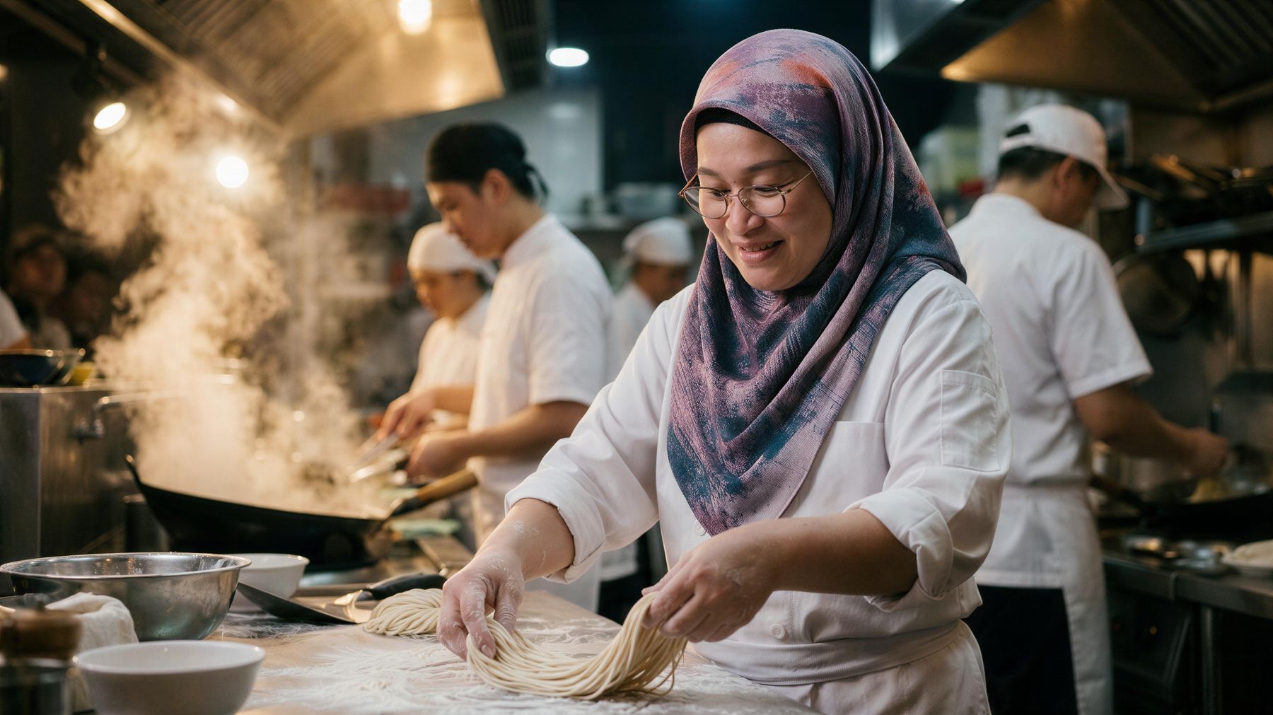 Madam Dai Jun making noodles by hand in the Four Seasons kitchen